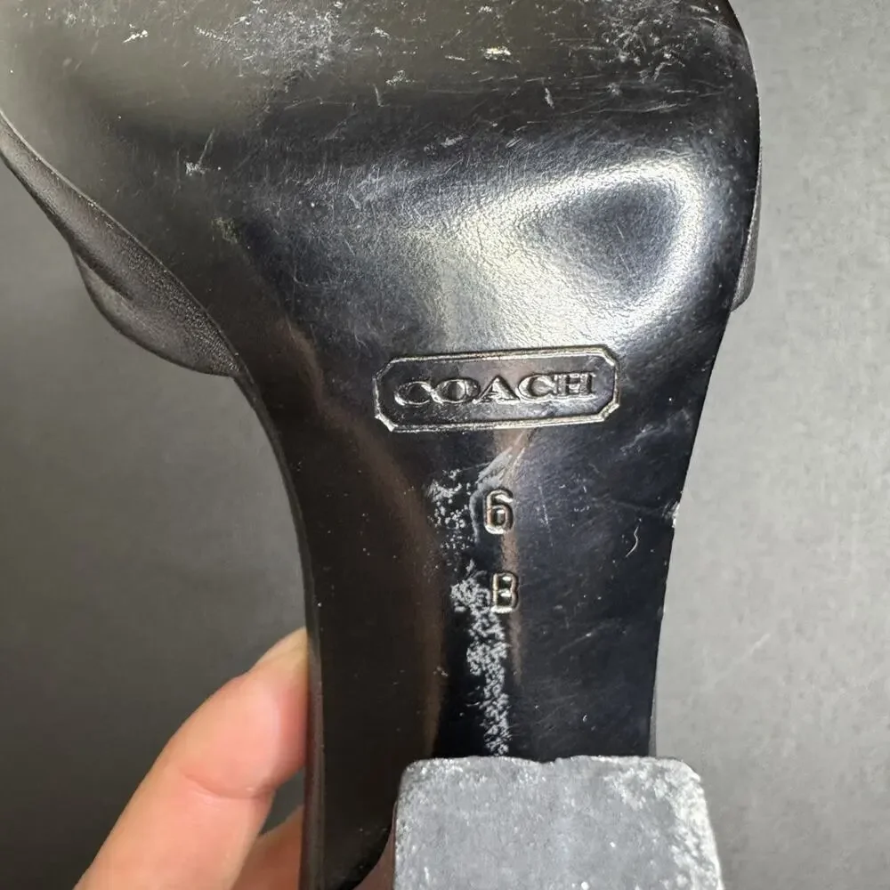 Coach Black Leather Peep-Toe Heels, Ankle Tie, 3.5